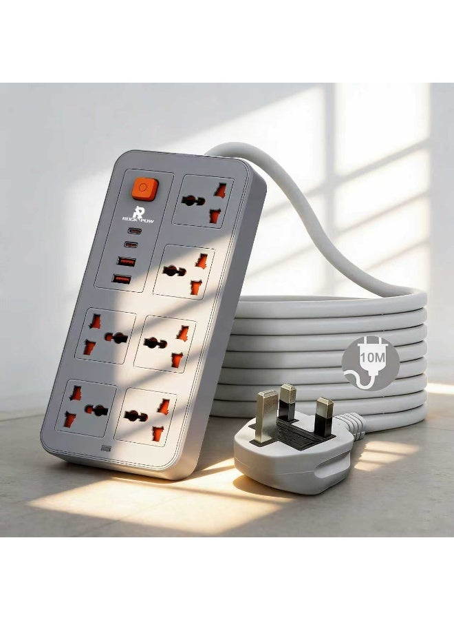 10 meters Universal Extension Lead with Multiple Function UK Plug 3 Pin Socket Outlet with 6 Gang 2 USB Port 2 Type-C Port 10M Electric Socket Mains Strip for Home Kitchen and Office 10 meters