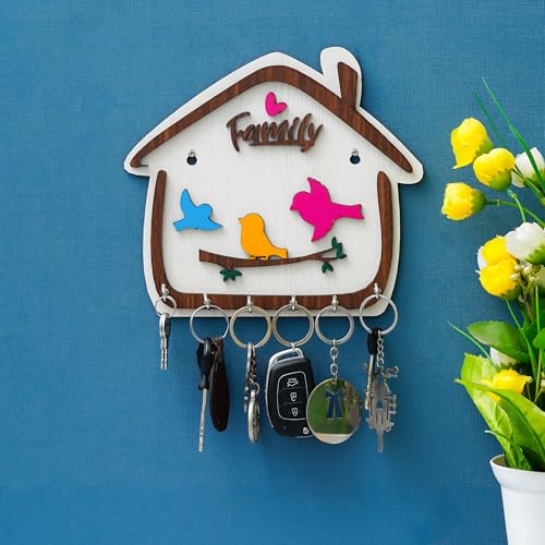 Webelkart Premium Cute Birds Hut Shape Wooden Keys Hanger for Home/Office Decor, Key Holder for Wall Decor/Home Decorative Gift Item (Off White) - Image 1