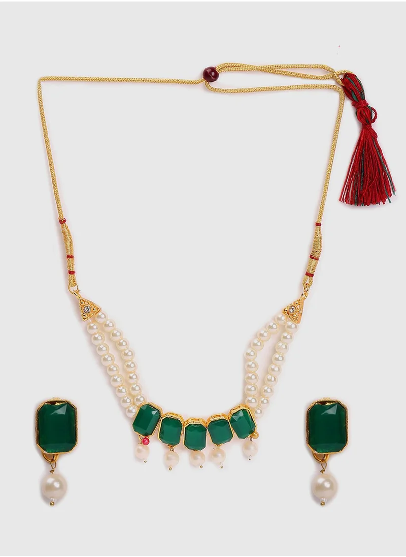 SOHI Green & White Pearl Studded Jewellery Set