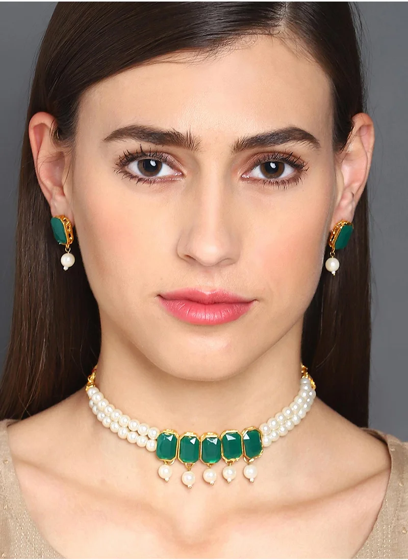 SOHI Green & White Pearl Studded Jewellery Set