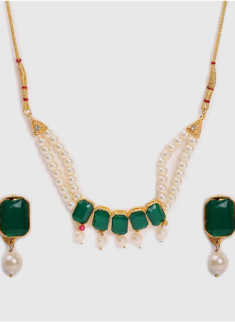 SOHI Green & White Pearl Studded Jewellery Set