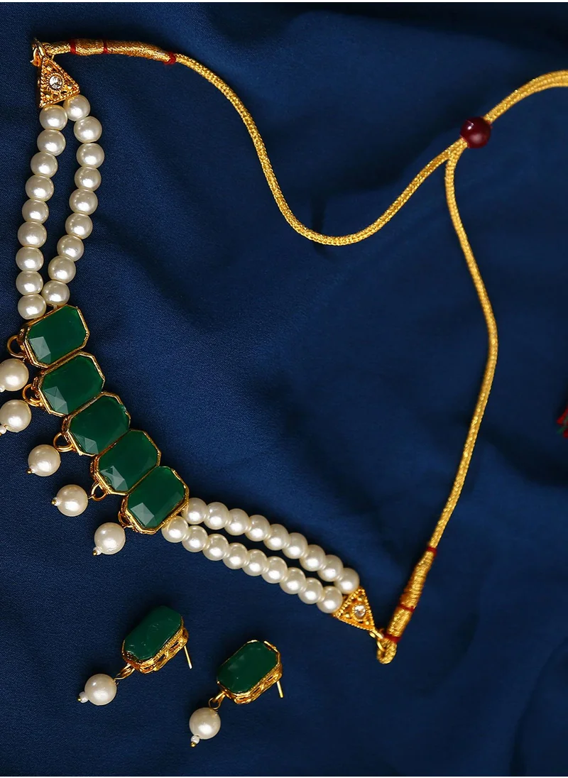SOHI Green & White Pearl Studded Jewellery Set