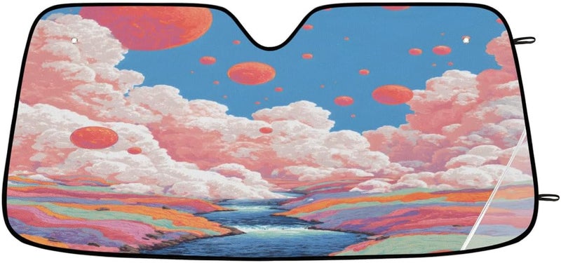 Cloud Foldable Car Windshield Sun Shade, Lightweight Front Window Cover with Suction Cups, UV Block for Interior Protection, Portable, Lake Tree - Image 1