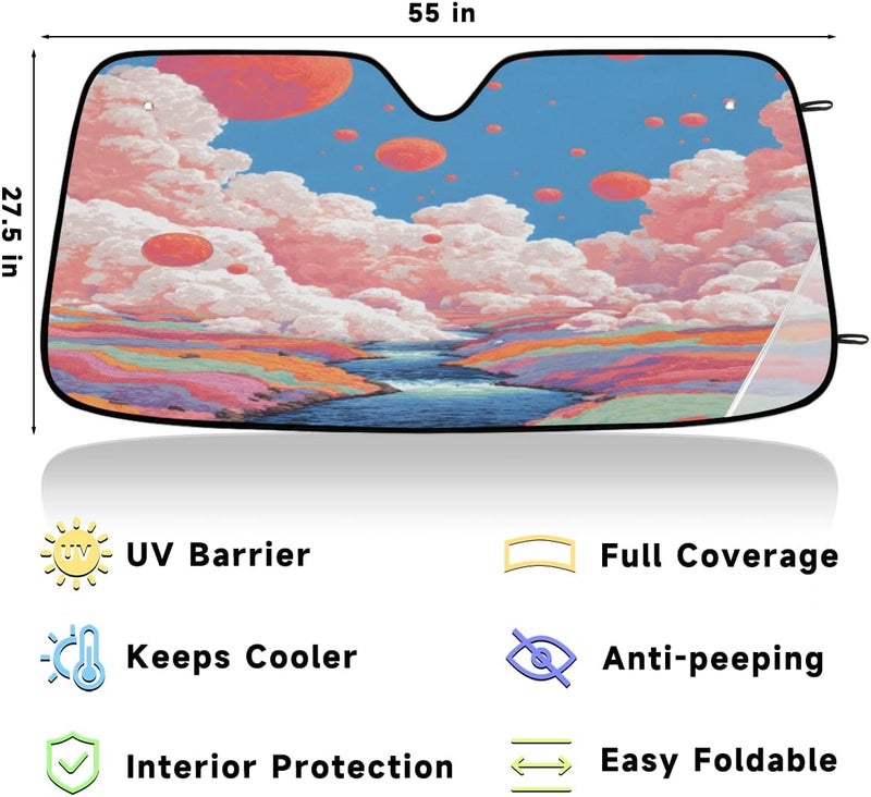 Cloud Foldable Car Windshield Sun Shade, Lightweight Front Window Cover with Suction Cups, UV Block for Interior Protection, Portable, Lake Tree - Image 3