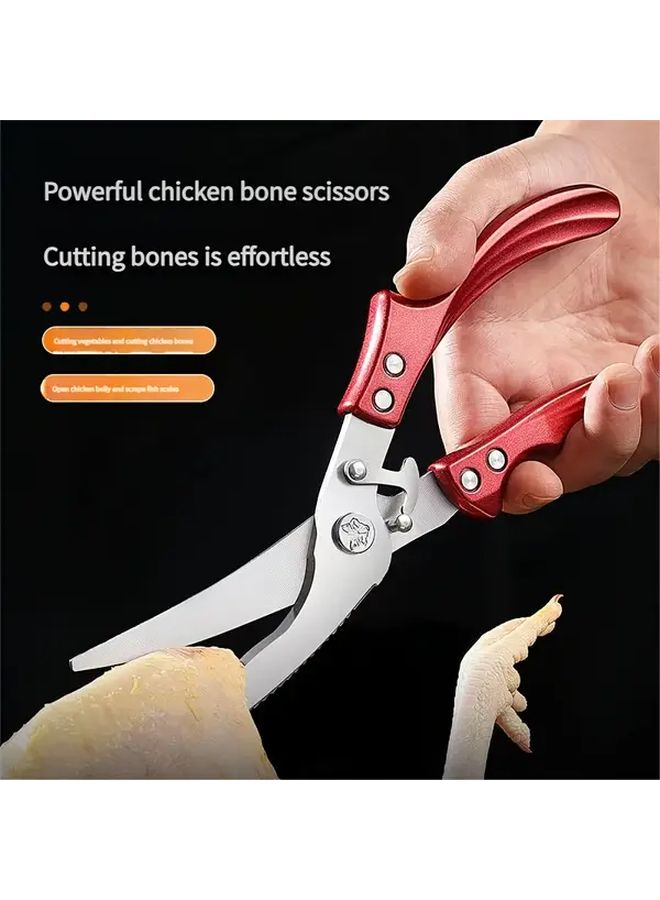 Red Detachable Chicken Bone Scissors Heavy Duty Professional Poultry Shears Kitchen Meat Cutter Sharp Stainless Steel Blade Non Slip Red Aluminum Handle Commercial Home Chef Use Food Safe Ergonomic Durable Bone Cutting Tool - Image 1