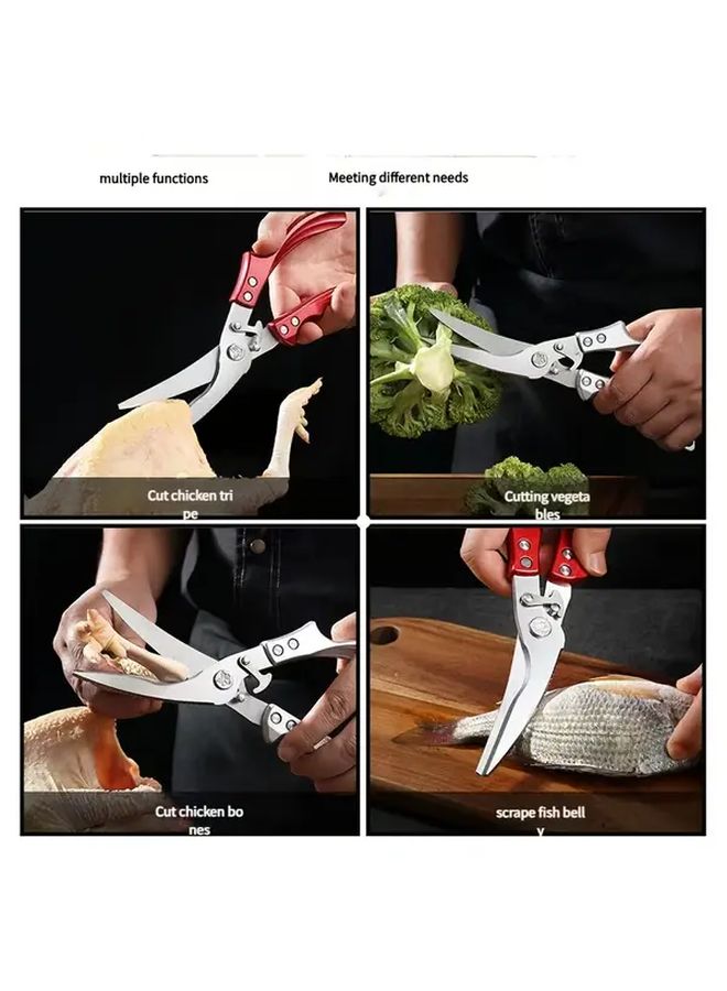 Red Detachable Chicken Bone Scissors Heavy Duty Professional Poultry Shears Kitchen Meat Cutter Sharp Stainless Steel Blade Non Slip Red Aluminum Handle Commercial Home Chef Use Food Safe Ergonomic Durable Bone Cutting Tool - Image 2