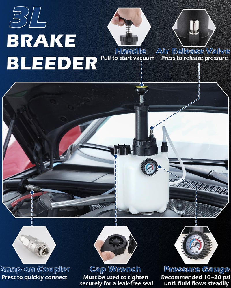 FAITIO 3L Brake Fluid Bleeder Kit w/ 1L Catch Bottle, Pressure Brake Bleeding Tool, Manual Power Bleeder Pump for Flush Brakes and Clutch Systems, Includes 43.5/45/49.5/50.7mm Master Cylinders Caps - Image 4