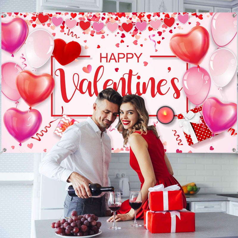 Sumind Happy Valentine's Banner 73''x43'' Heart Photography Backdrop Large Valentines Background Party Decorations Photo Booth Prop(Black Background) - Image 4