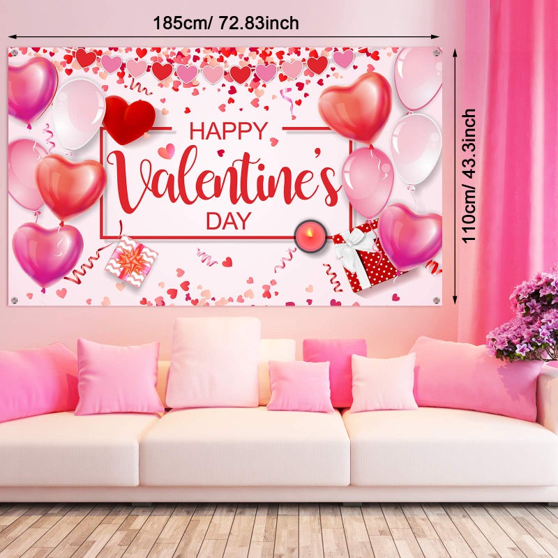 Sumind Happy Valentine's Banner 73''x43'' Heart Photography Backdrop Large Valentines Background Party Decorations Photo Booth Prop(Black Background) - Image 2