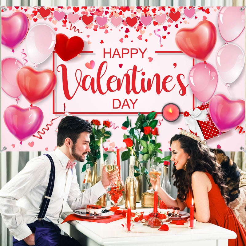 Sumind Happy Valentine's Banner 73''x43'' Heart Photography Backdrop Large Valentines Background Party Decorations Photo Booth Prop(Black Background) - Image 5