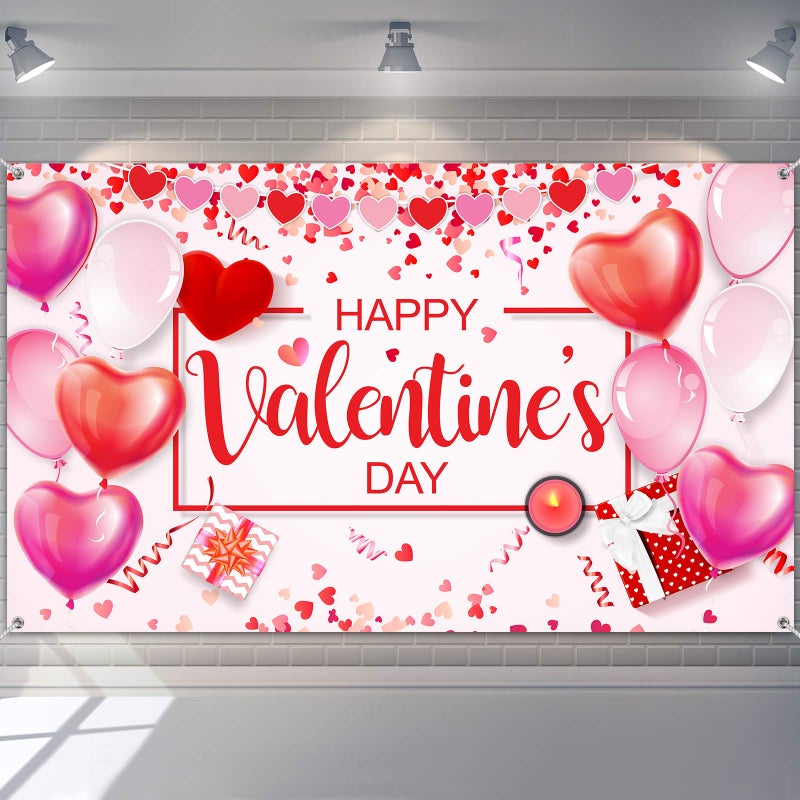 Sumind Happy Valentine's Banner 73''x43'' Heart Photography Backdrop Large Valentines Background Party Decorations Photo Booth Prop(Black Background) - Image 1