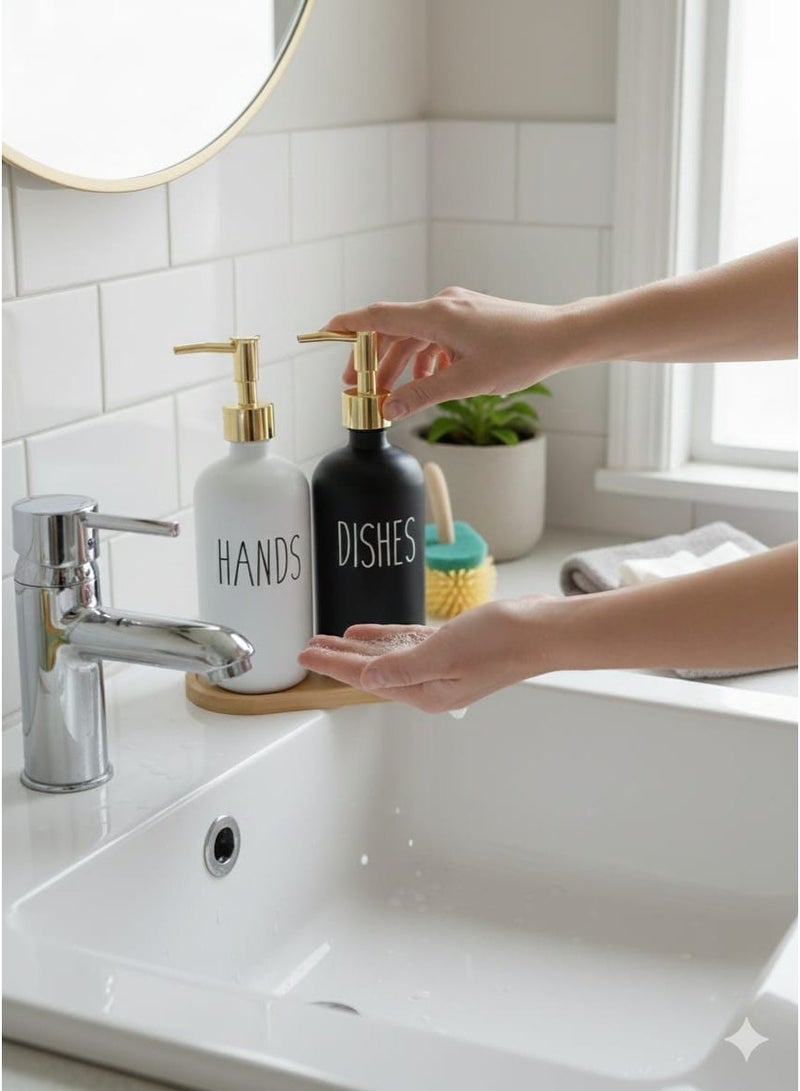 Soap Dispenser Set with bamboo tray, Glass Hand Soap Dispenser and Glass Dish Soap Dispenser, Kitchen Soap Dispenser Set Decor, Refillable Hand Soap and Dish Soap Dispenser for Bathroom and Kitchen, liquid soap glass bottle, Modern Farmhouse Decor - Image 2