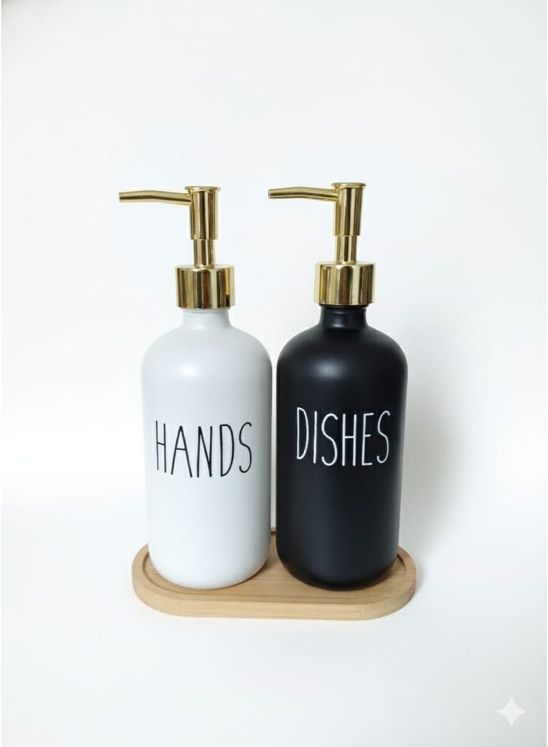 Soap Dispenser Set with bamboo tray, Glass Hand Soap Dispenser and Glass Dish Soap Dispenser, Kitchen Soap Dispenser Set Decor, Refillable Hand Soap and Dish Soap Dispenser for Bathroom and Kitchen, liquid soap glass bottle, Modern Farmhouse Decor - Image 5