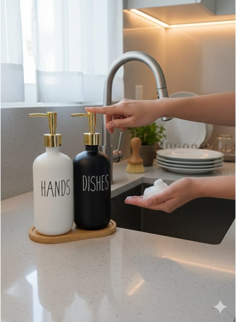 Soap Dispenser Set with bamboo tray, Glass Hand Soap Dispenser and Glass Dish Soap Dispenser, Kitchen Soap Dispenser Set Decor, Refillable Hand Soap and Dish Soap Dispenser for Bathroom and Kitchen, liquid soap glass bottle, Modern Farmhouse Decor - Image 1