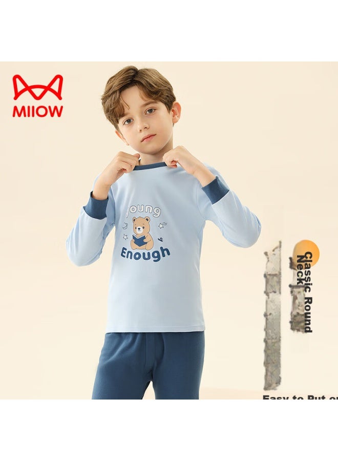 MIIOW Maoren Children's Thermal Underwear, Boys' Autumn And Winter Round Neck Pure Cotton Undershirt And Pants, Boys' Pajama Set, Blue Bear, Size 150  - Image 5