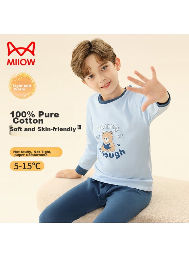 MIIOW Maoren Children's Thermal Underwear, Boys' Autumn And Winter Round Neck Pure Cotton Undershirt And Pants, Boys' Pajama Set, Blue Bear, Size 150  - Image 1