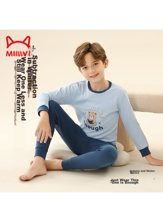 MIIOW Maoren Children's Thermal Underwear, Boys' Autumn And Winter Round Neck Pure Cotton Undershirt And Pants, Boys' Pajama Set, Blue Bear, Size 150  - Image 3