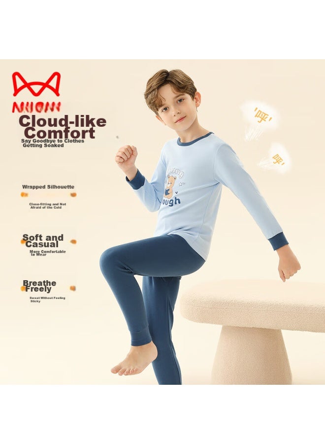 MIIOW Maoren Children's Thermal Underwear, Boys' Autumn And Winter Round Neck Pure Cotton Undershirt And Pants, Boys' Pajama Set, Blue Bear, Size 150  - Image 4