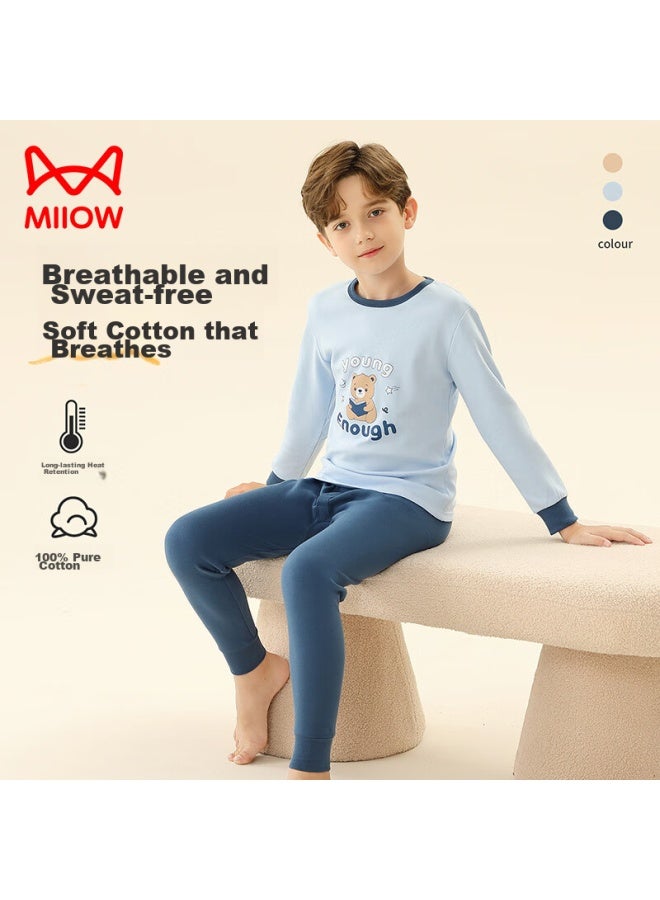 MIIOW Maoren Children's Thermal Underwear, Boys' Autumn And Winter Round Neck Pure Cotton Undershirt And Pants, Boys' Pajama Set, Blue Bear, Size 150  - Image 2