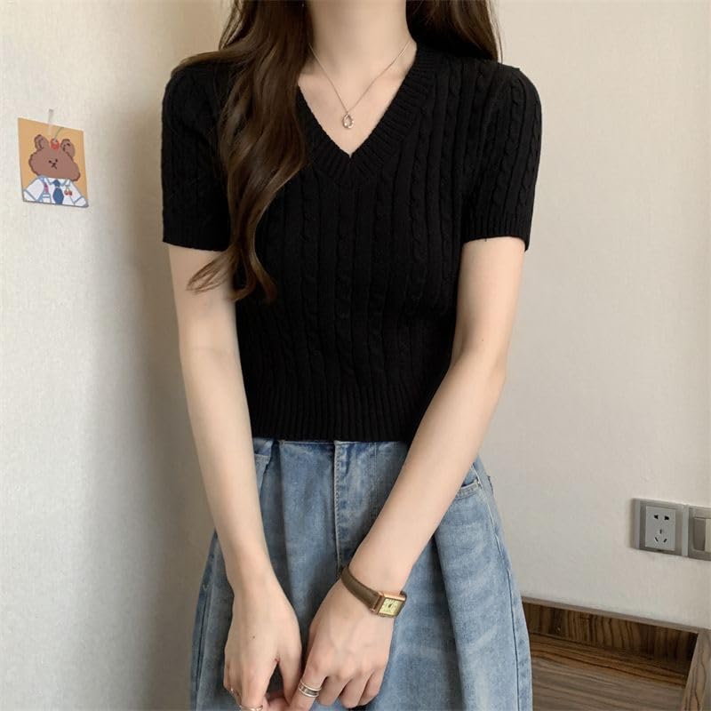 ICW Women's Acrylic Knitted Ribbed Half Sleeve V-Neck Self Design Crop Top T-Shirt 128 (Small, Black) - Image 3