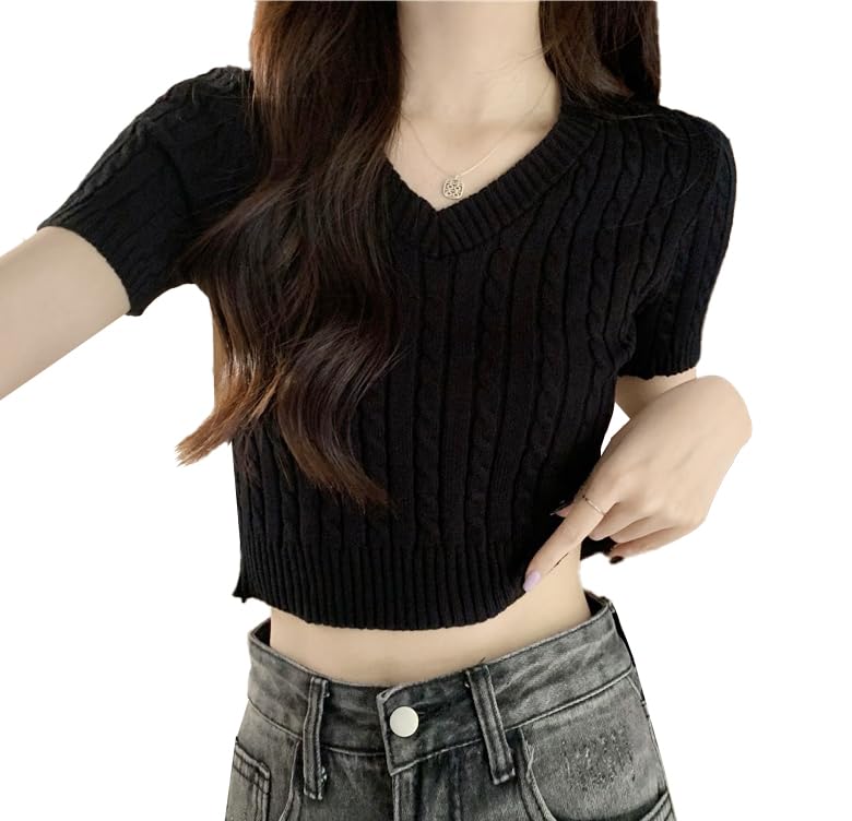 ICW Women's Acrylic Knitted Ribbed Half Sleeve V-Neck Self Design Crop Top T-Shirt 128 (Small, Black) - Image 1