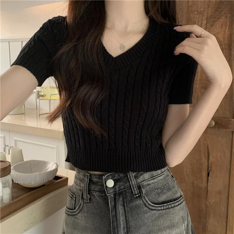 ICW Women's Acrylic Knitted Ribbed Half Sleeve V-Neck Self Design Crop Top T-Shirt 128 (Small, Black) - Image 4