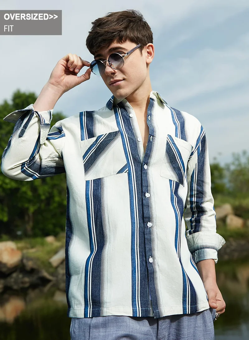 Campus Sutra Men's Prussian Blue & Off-White Shadow-Striped Oversized Shirt