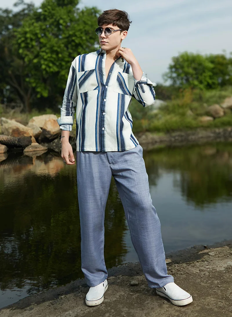CAHOOT  Men's Prussian Blue & Off-White Shadow-Striped Oversized Shirt for Men | Best Price UAE