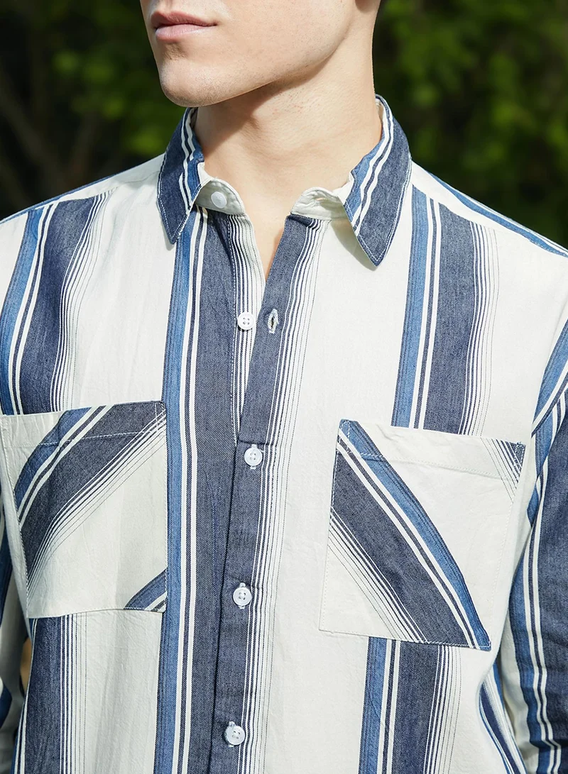CAHOOT  Men's Prussian Blue & Off-White Shadow-Striped Oversized Shirt for Men | Best Price UAE