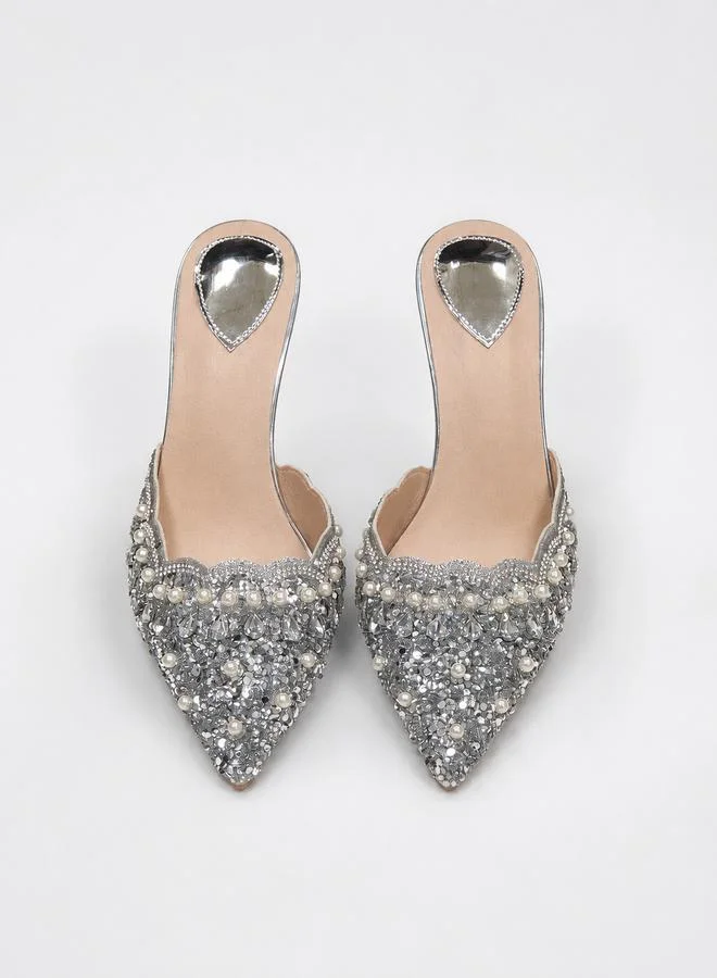 Take Two Silver Embellished Pointed Toe High Heel Sandals