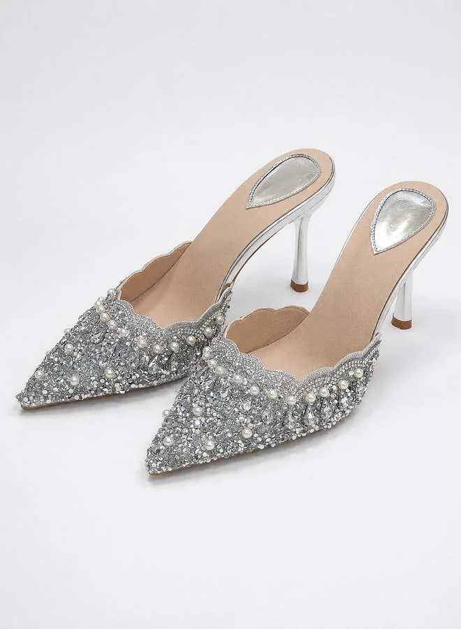 Take Two Silver Embellished Pointed Toe High Heel Sandals