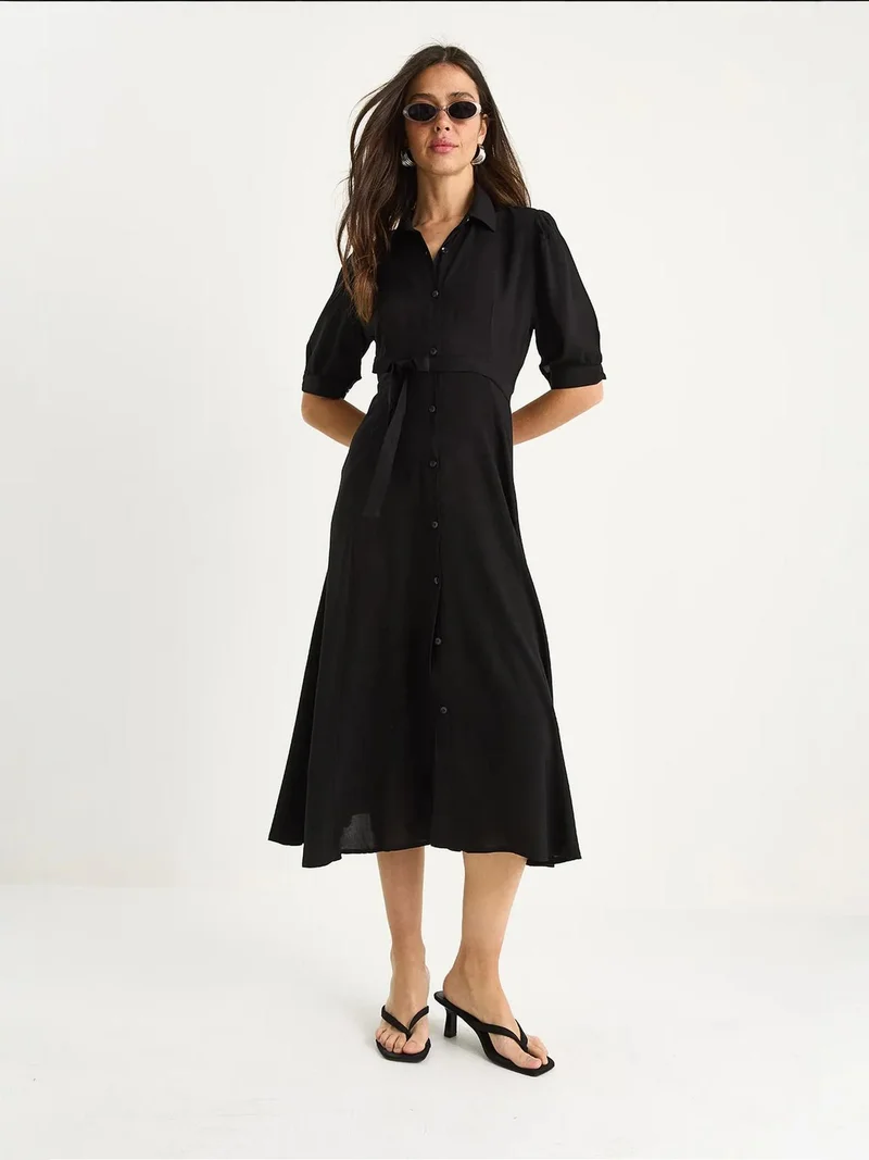 Bianco Lucci Black LUCCI Button Closure Midi Dress with Shirt Collar for Women | Best Price UAE