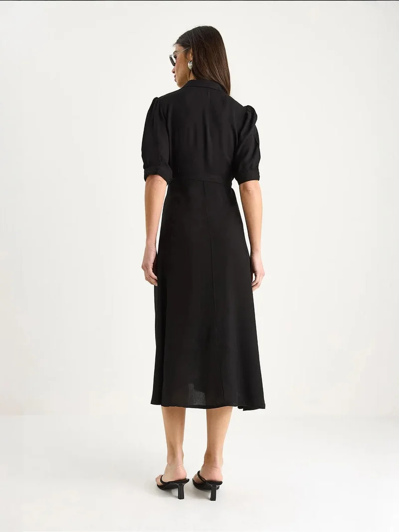 Bianco Lucci Black LUCCI Button Closure Midi Dress with Shirt Collar for Women | Best Price UAE