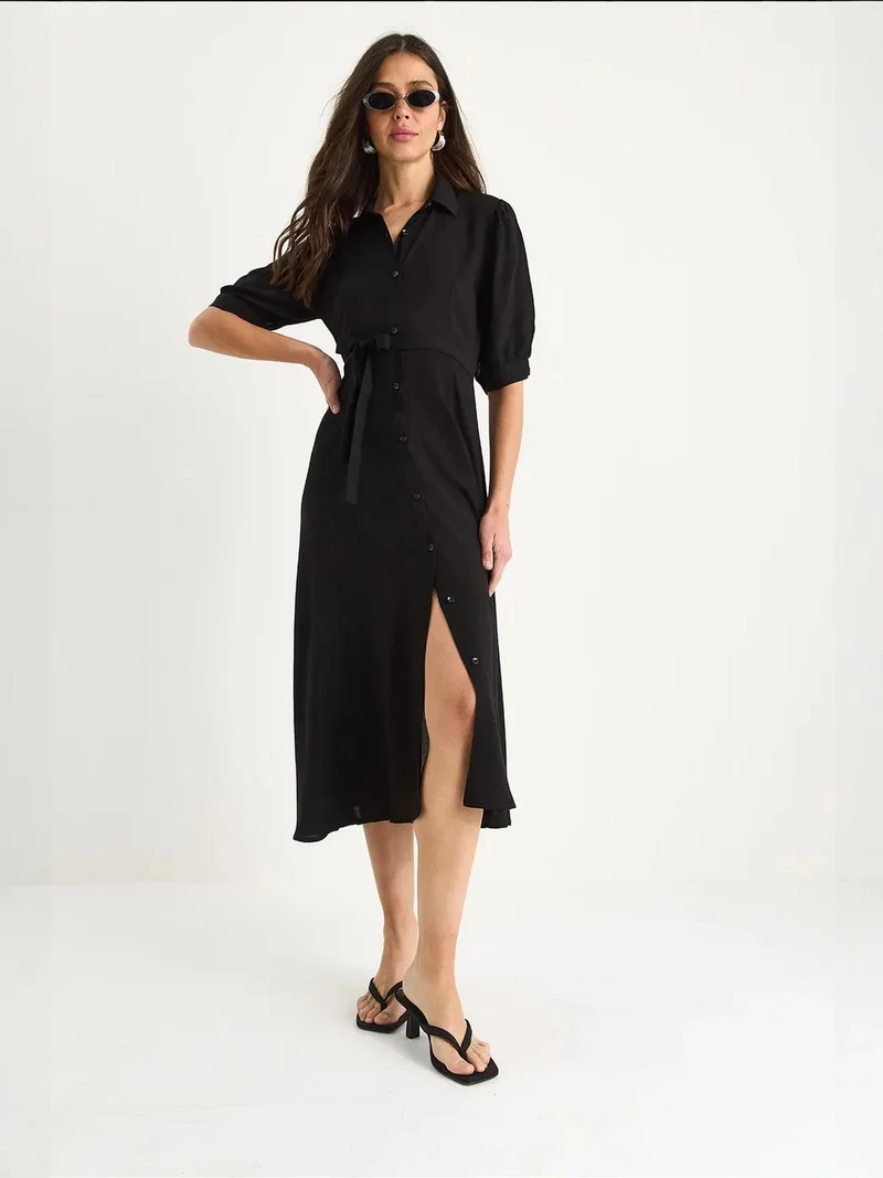 Bianco Lucci Black LUCCI Button Closure Midi Dress with Shirt Collar for Women | Best Price UAE