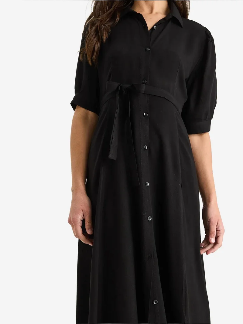 Bianco Lucci Black LUCCI Button Closure Midi Dress with Shirt Collar for Women | Best Price UAE