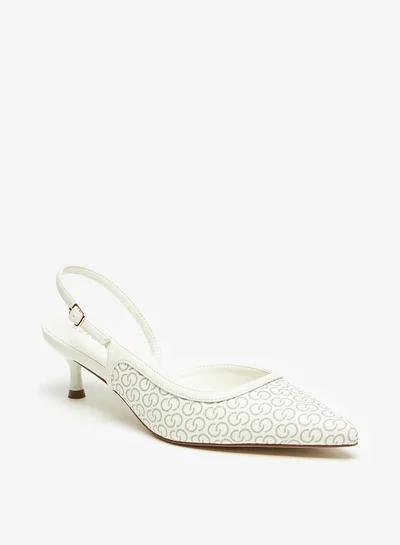Celeste Women's All-Over Monogram Print Pumps with Buckle Closure and Kitten Heels