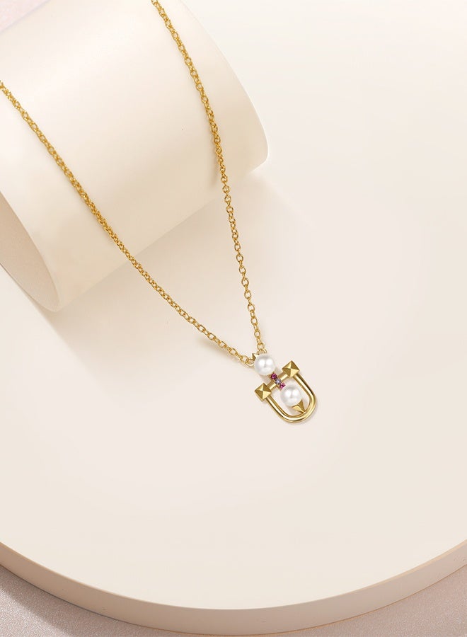 Moonmory Unique Design 18K Gold Plated 925 Silver Mosque Door Frame Inspired Pearl Pendant Necklace with Pink Zircon, U Shape  Symmetrical Pearl Pendant Necklace for Women Best Gift for Ramadan, Valentine’s Day, Mother’s Day - Image 5
