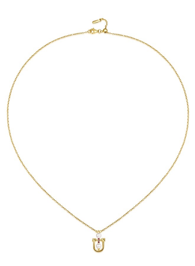 Moonmory Unique Design 18K Gold Plated 925 Silver Mosque Door Frame Inspired Pearl Pendant Necklace with Pink Zircon, U Shape  Symmetrical Pearl Pendant Necklace for Women Best Gift for Ramadan, Valentine’s Day, Mother’s Day - Image 3