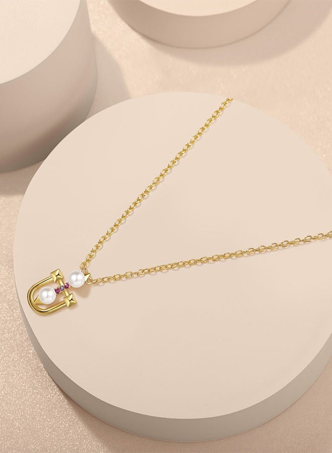Moonmory Unique Design 18K Gold Plated 925 Silver Mosque Door Frame Inspired Pearl Pendant Necklace with Pink Zircon, U Shape  Symmetrical Pearl Pendant Necklace for Women Best Gift for Ramadan, Valentine’s Day, Mother’s Day - Image 4