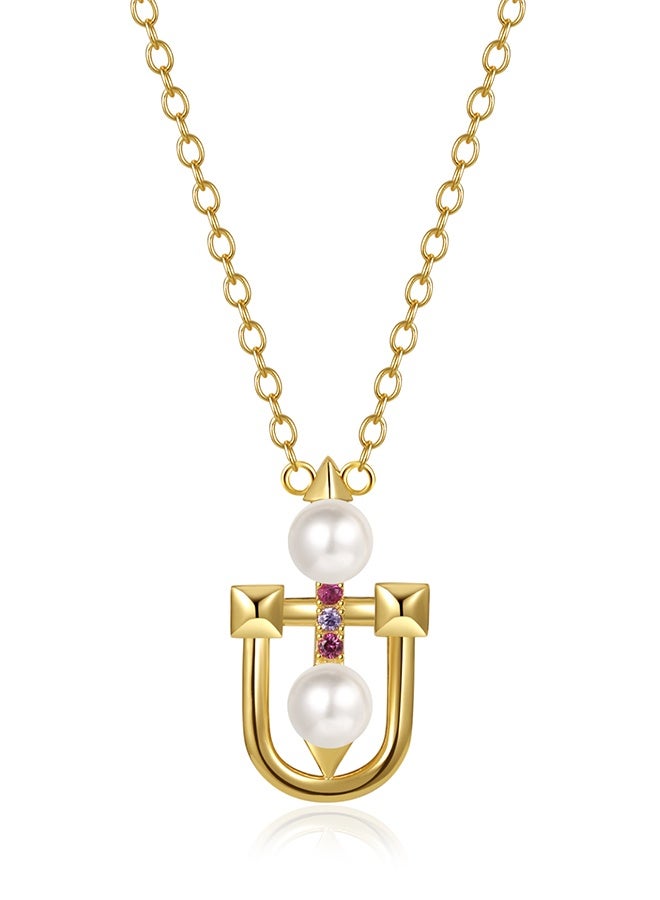 Moonmory Unique Design 18K Gold Plated 925 Silver Mosque Door Frame Inspired Pearl Pendant Necklace with Pink Zircon, U Shape  Symmetrical Pearl Pendant Necklace for Women Best Gift for Ramadan, Valentine’s Day, Mother’s Day - Image 1