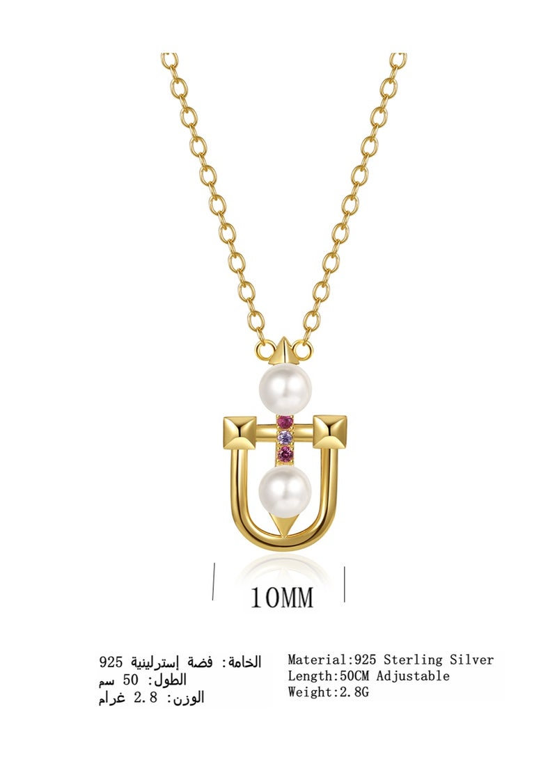 Moonmory Unique Design 18K Gold Plated 925 Silver Mosque Door Frame Inspired Pearl Pendant Necklace with Pink Zircon, U Shape  Symmetrical Pearl Pendant Necklace for Women Best Gift for Ramadan, Valentine’s Day, Mother’s Day - Image 2