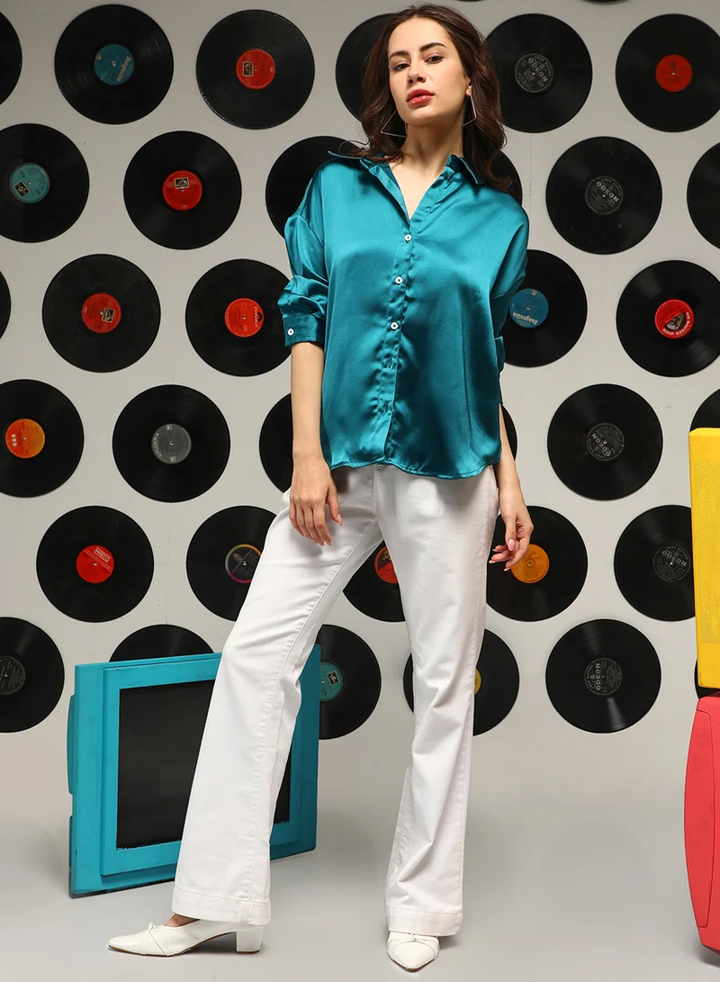 Campus Sutra Women's Teal Green Satin Oversized Shirt For Casual Wear | Spread Collar | Long Sleeves | Button Closure | Oversized Shirt Crafted With Comfort Fit For Everyday Wear
