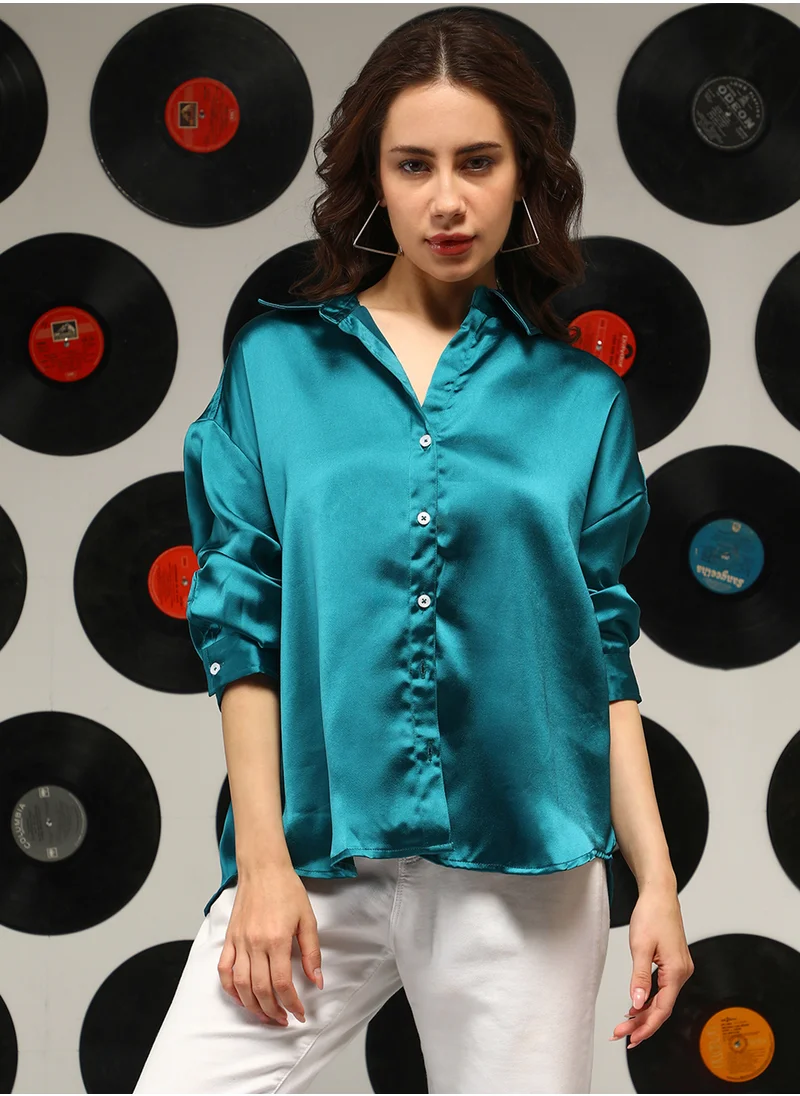 كامبوس سوترا Women's Teal Green Satin Oversized Shirt
