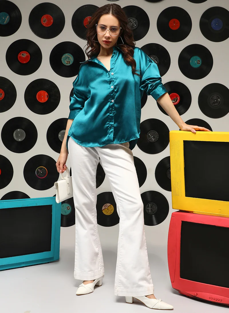 Campus Sutra Women's Teal Green Satin Oversized Shirt For Casual Wear | Spread Collar | Long Sleeves | Button Closure | Oversized Shirt Crafted With Comfort Fit For Everyday Wear