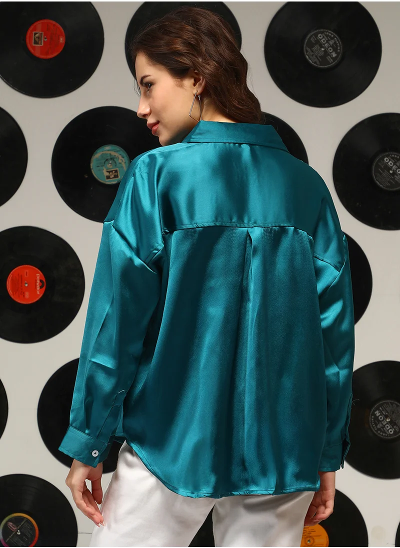 كامبوس سوترا Women's Teal Green Satin Oversized Shirt