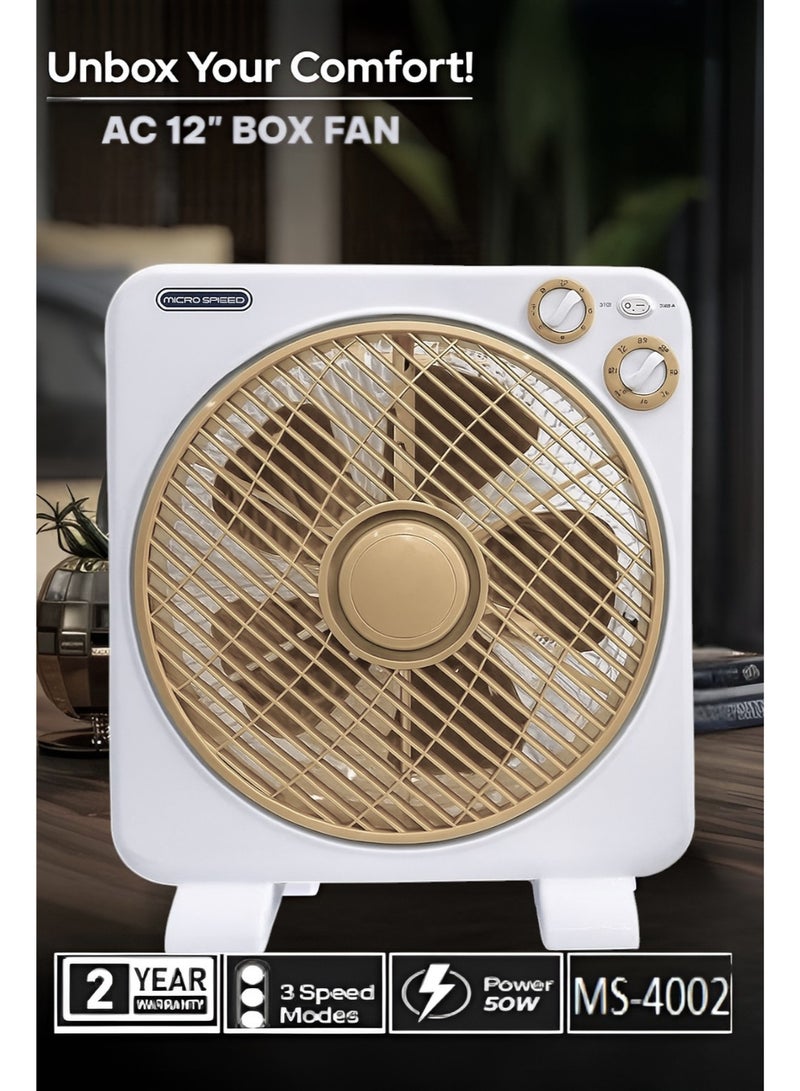 micro speed Box Fan AC 12” with Rotating Grill – 3-Speed Settings, Quiet & Energy-Efficient Cooling, Child-Safe Design – Ideal for Home, Office & Personal Desk Use - Image 4