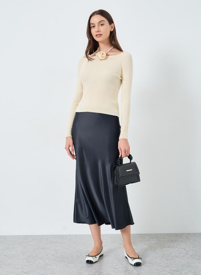 Take Two Solid Wide Neck Flower Detail Top - Image 2