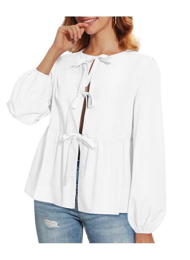 Autumn Women's Clothing European And American Style Loose Sweet Tie-front Shirt European And American Lace-up - Image 1
