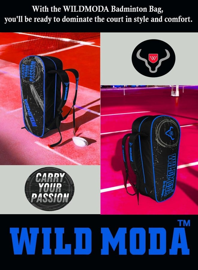 WILD MODA حقيبة مضارب تنس الريشة والتنس من Passion Premium ذات قسمين، مناسبة للجنسين، مع بطانة واقية - تصميم خفيف الوزن ومتين مناسب للجنسين للاعبين من جميع المستويات: الرجال والنساء والشباب والكبار (أسود وأزرق) - Image 4