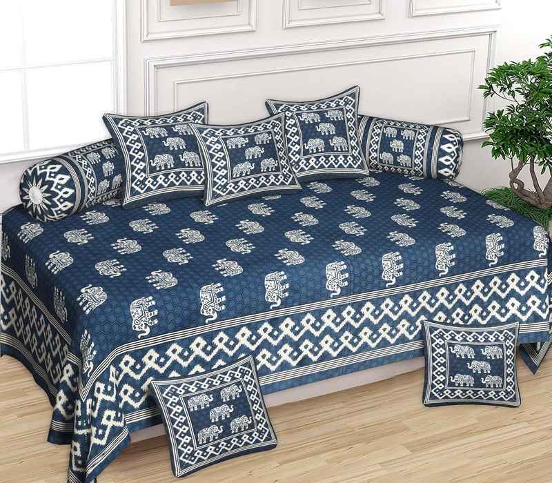 AMLEXTTRIZ AMLEXTTRIZ Maharaja Special Floral Pure Soft Cotton Diwan Cover Set 8 Pcs Set 5 Cushion Cover2 Bolster Cover1 Bedsheet Blue M2 - Image 1